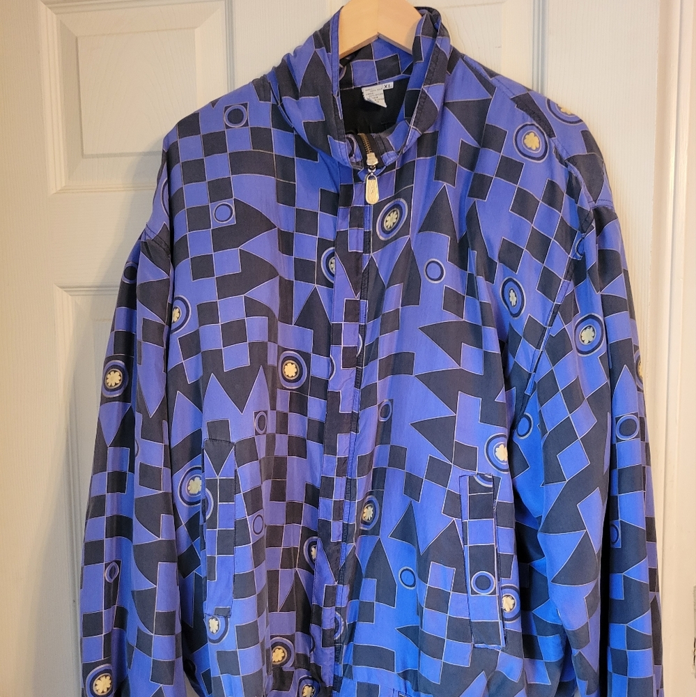 Fuda International Unisex Blue Patterned Silk Windbreaker Jacket XL